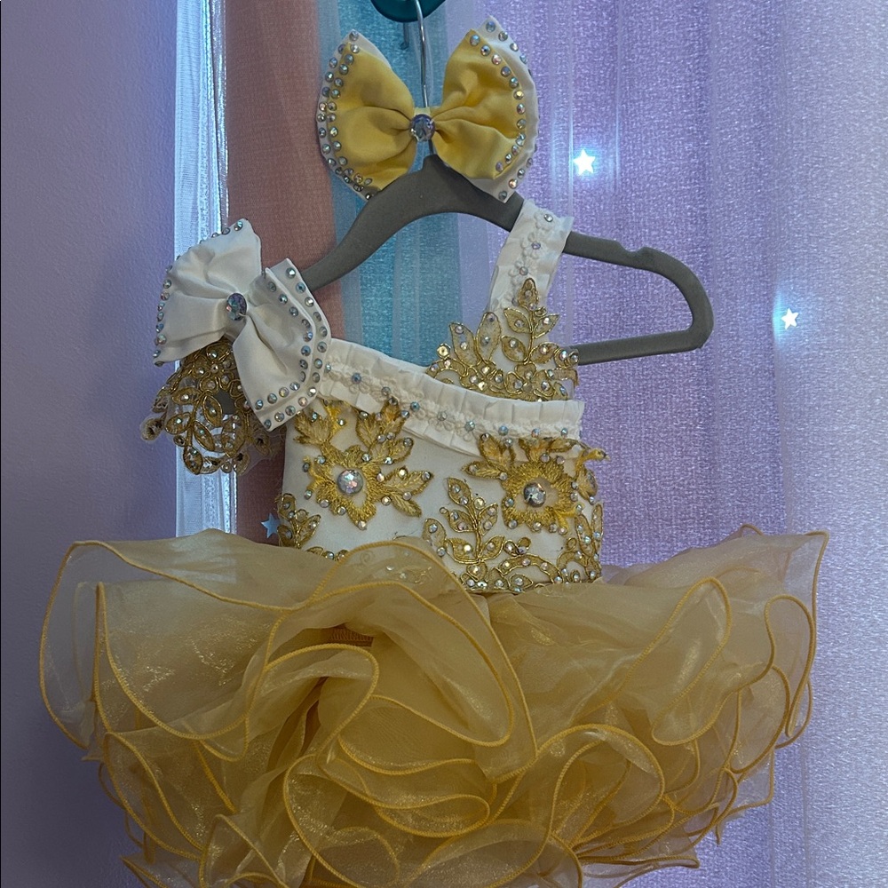 Yellow and White Embellished Tutu Dress with Bow
